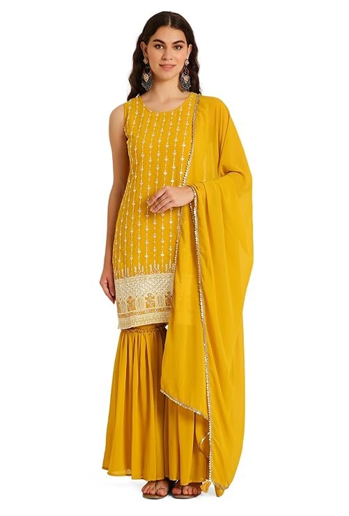 Women's Georgette Straight Kurta Sharara Set with Dupatta