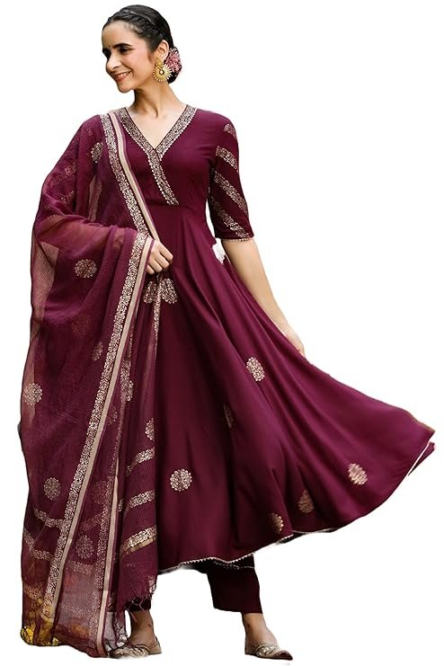 Women’s Elegant Wine Anarkali Kurta Set with Dupatta
