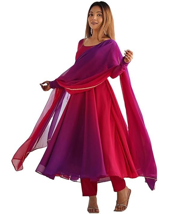 Women's Georgette Anarkali Kurta Set with Dupatta | Elegant Pink Ethnic Dress