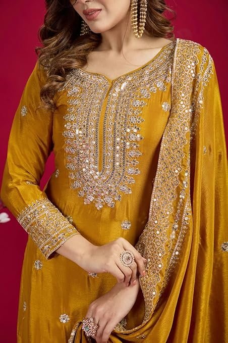 Women's Embroiderd Chinnon Fabric Sharara Top and Dupatta - Image 6