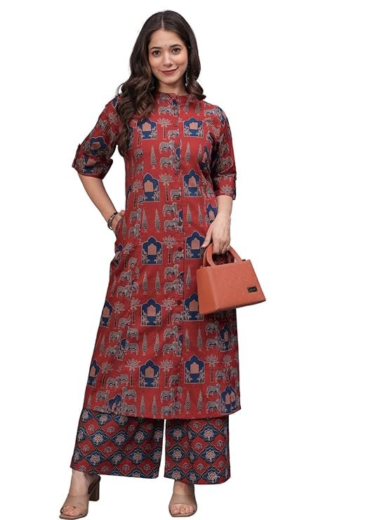 Women A-Line Kurta Set with Palazzo Pants - Image 3