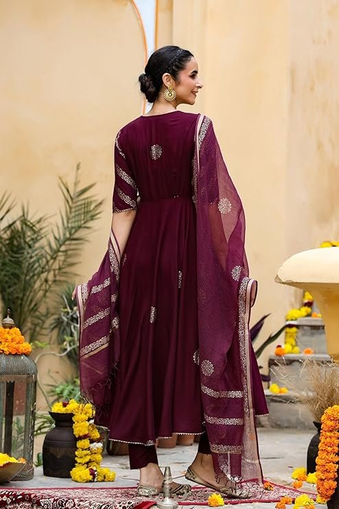 Women’s Elegant Wine Anarkali Kurta Set with Dupatta - Image 6