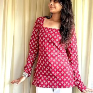 Women's Cotton Floral Print Kurta Top, Red and White, Square Neck Design with Long Sleeves