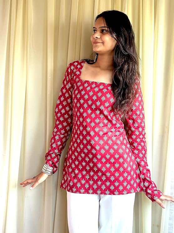 Women's Cotton Floral Print Kurta Top, Red and White, Square Neck Design with Long Sleeves