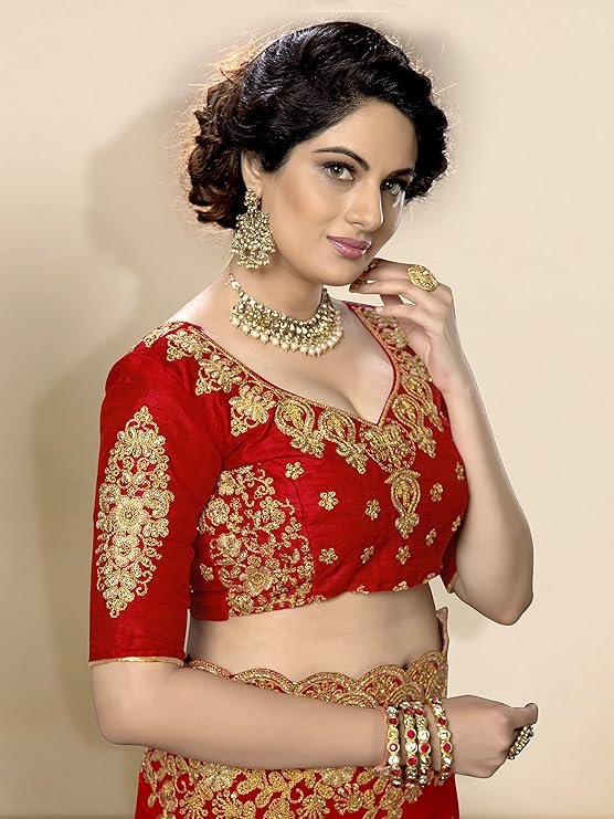 Women's Silk Satin Embroidery Work Saree with Unstitch Blouse Piece Half Half Saree fro Women - Image 5