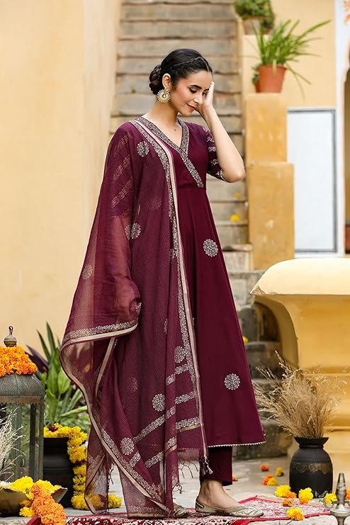 Women’s Elegant Wine Anarkali Kurta Set with Dupatta - Image 4