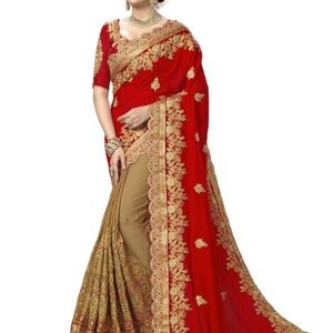 Women's Silk Satin Embroidery Work Saree with Unstitch Blouse Piece Half Half Saree fro Women