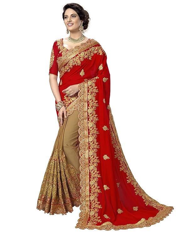 Women's Silk Satin Embroidery Work Saree with Unstitch Blouse Piece Half Half Saree fro Women