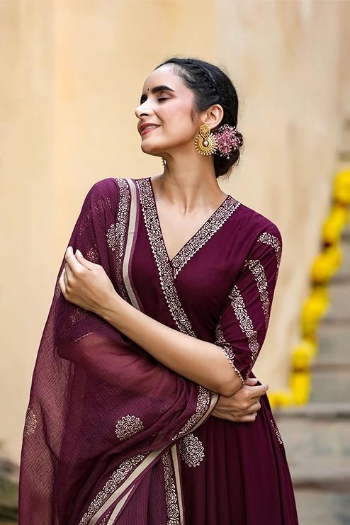 Women’s Elegant Wine Anarkali Kurta Set with Dupatta - Image 3