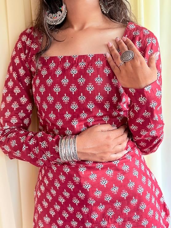 Women's Cotton Floral Print Kurta Top, Red and White, Square Neck Design with Long Sleeves - Image 4