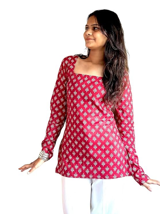 Women's Cotton Floral Print Kurta Top, Red and White, Square Neck Design with Long Sleeves - Image 5