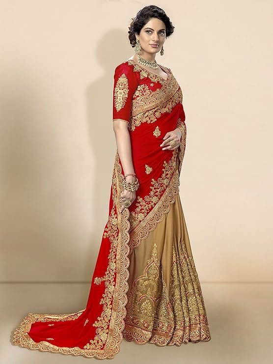 Women's Silk Satin Embroidery Work Saree with Unstitch Blouse Piece Half Half Saree fro Women - Image 3