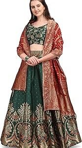 TRENDMALLS Women's Net Embroidery Sequence Work Lehenga Choli Unstitch Blouse with Dupatta