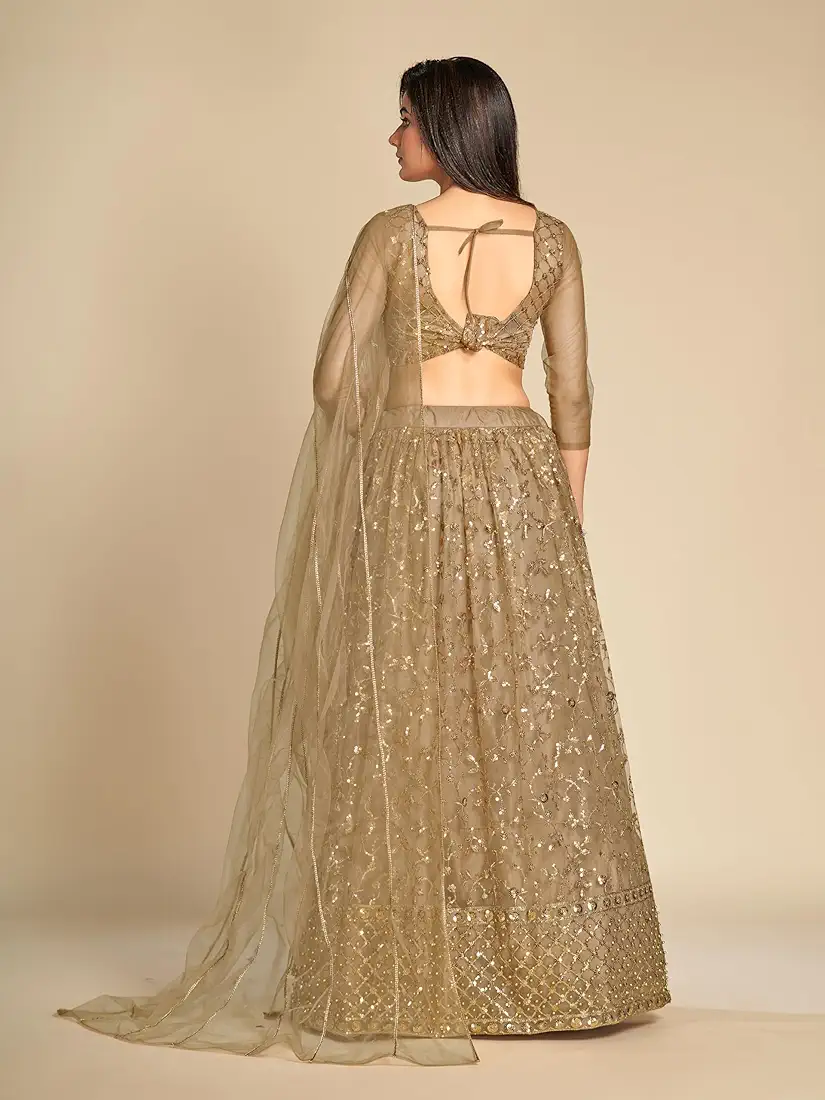 TRENDMALLS Women's Net Embroidery Sequence Work Lehenga Choli Unstitch Blouse with Dupatta - Image 6