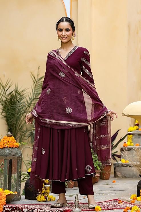 Women’s Elegant Wine Anarkali Kurta Set with Dupatta - Image 2