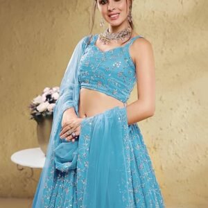 Lehenga Choli Semi-Stitched Skyblue Wedding Bridal Free Size