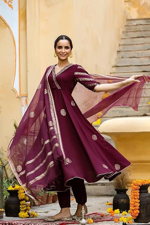 Women’s Elegant Wine Anarkali Kurta Set with Dupatta - Image 5