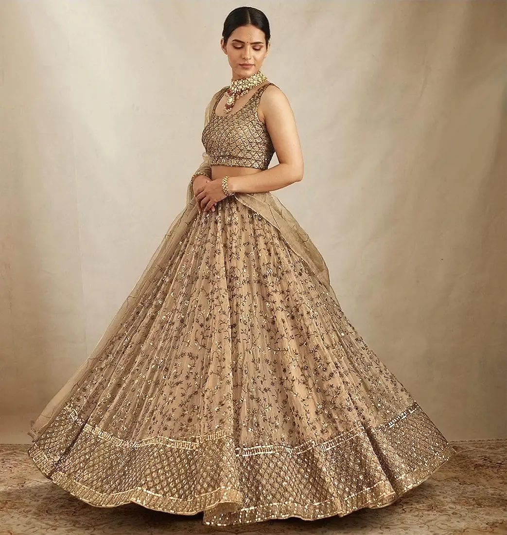 TRENDMALLS Women's Net Embroidery Sequence Work Lehenga Choli Unstitch Blouse with Dupatta - Image 4