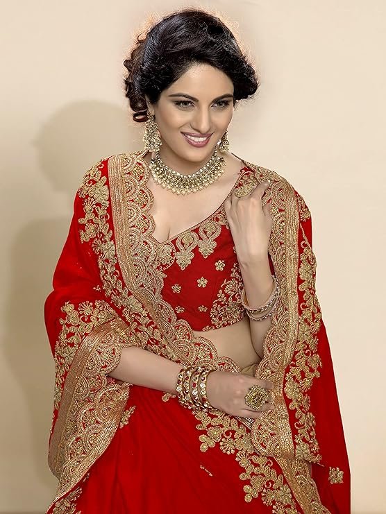 Women's Silk Satin Embroidery Work Saree with Unstitch Blouse Piece Half Half Saree fro Women - Image 2