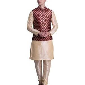 Men wearing beige kurta pajama with maroon printed Nehru jacket, traditional ethnic festive wear