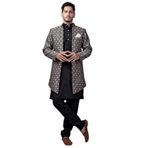 Men wearing black kurta pajama with printed indo western sherwani jacket, ethnic festive wear