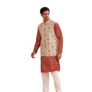 Men wearing traditional kurta pajama with printed Nehru jacket in ethnic festive style