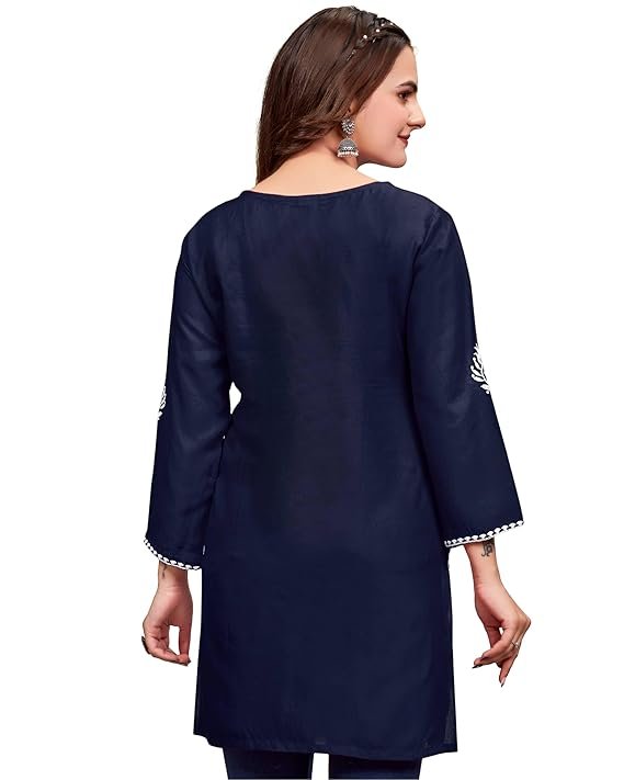 Navy blue embroidered kurti for women with white floral embroidery and three-quarter sleeves