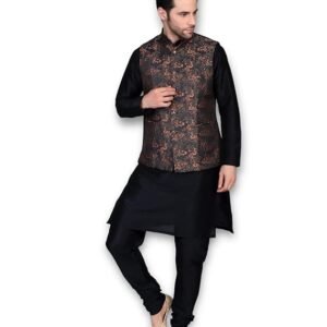 Men wearing black kurta pajama with dark floral printed Nehru jacket, ethnic festive wear for weddings