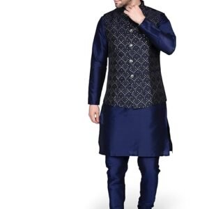Navy blue kurta pajama with printed Nehru jacket for men, traditional ethnic wear outfit