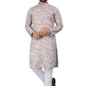 Men's Ethnic Floral Print Kurta with Mandarin Collar, Long Sleeves, Side Pockets for Casual, Regular, in Actract Fabric