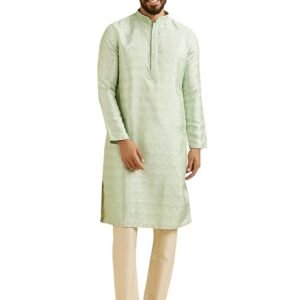 Close-up of men’s mint green embroidered kurta with detailed neckline and traditional pattern
