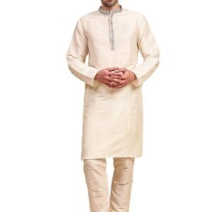 Men’s Art Silk Kurta Pajama Set with Embroidered Collar | Traditional Indian Ethnic Wear Long Sleeve Straight Kurta with Churidar Pajama