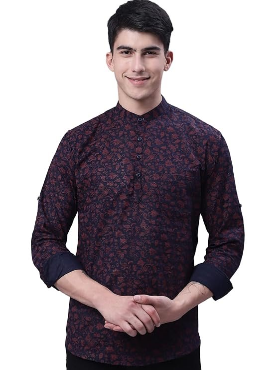 Man Men's Cotton Regular Fit Short Floral Printed Kurta
