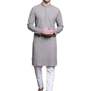 Men wearing grey embroidered kurta with white pajama, stylish ethnic festive wear for men