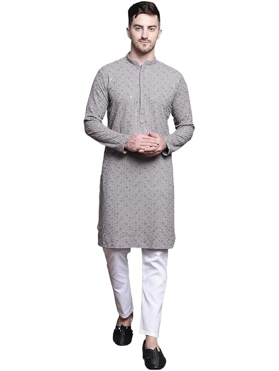 Men wearing grey embroidered kurta with white pajama, stylish ethnic festive wear for men