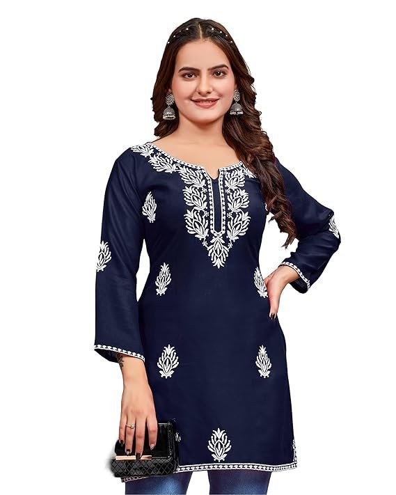 Navy blue embroidered kurti for women with white floral embroidery and three-quarter sleeves