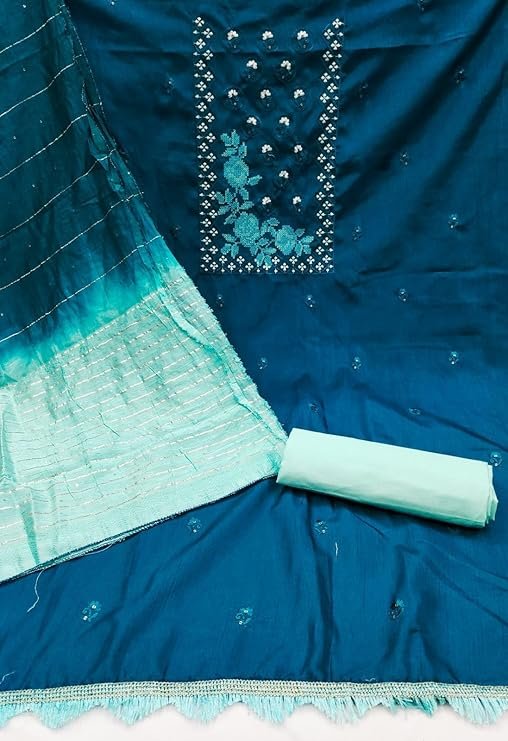 Women’s Cotton Blend Embroidered Unstitched Salwar Suit Material with Jari Sequence Shaded Dupatta | - Image 2