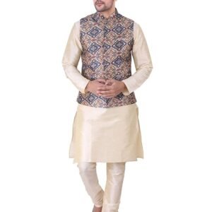 Men wearing cream kurta pajama with multicolor printed Nehru jacket, traditional ethnic festive wear