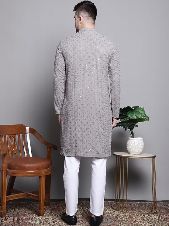 Men wearing grey embroidered kurta with white pajama, stylish ethnic festive wear for men
