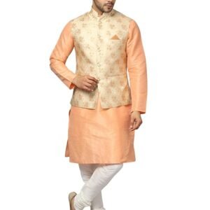 Men wearing peach kurta pajama with embroidered cream Nehru jacket, traditional festive ethnic wear