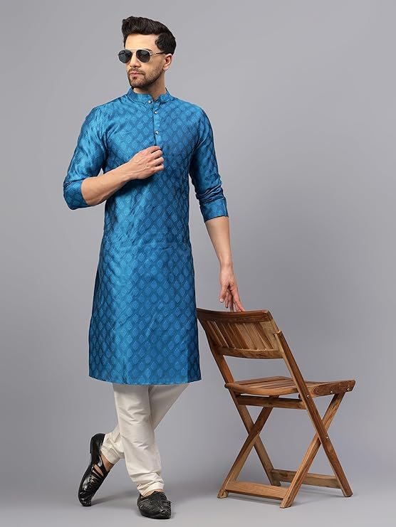 LATEST CHIKAN Men’s Silk Chikankari Kurta with Cream Churidar - Image 3