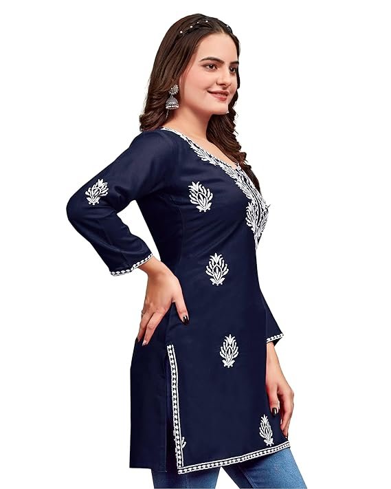 Navy blue embroidered kurti for women with white floral embroidery and three-quarter sleeves