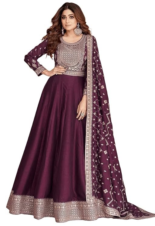 Anarkali Gown with Dupatta Set for Women, Chinon Fabric