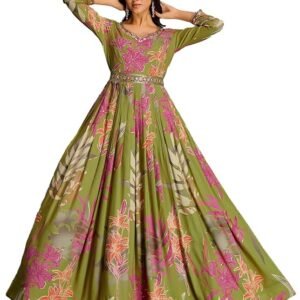 Women's Rayon Print with Hand Embroidery Work Anarkali Long Gown