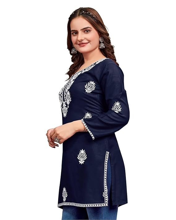 Navy blue embroidered kurti for women with white floral embroidery and three-quarter sleeves