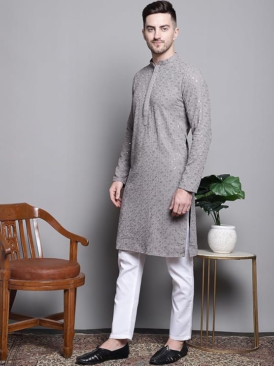 Men wearing grey embroidered kurta with white pajama, stylish ethnic festive wear for men