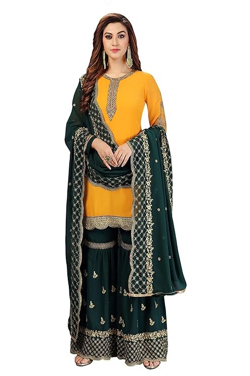 Festive wear mustard yellow kurta with contrast embroidered dupatta