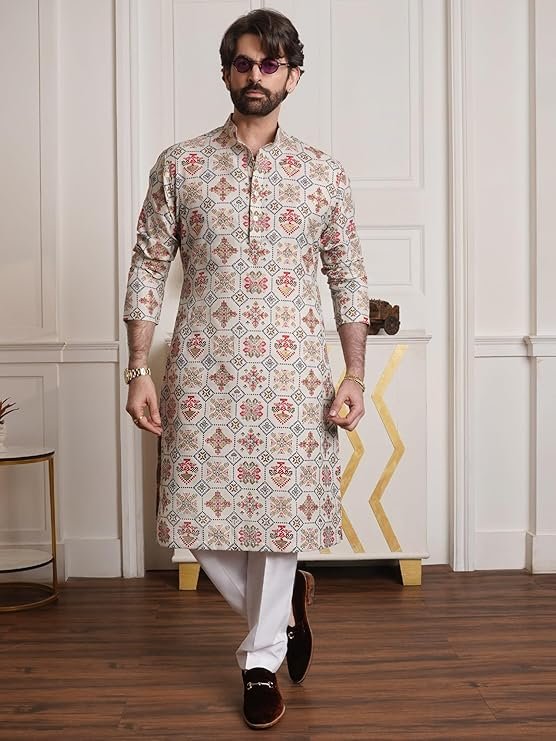 Men's Cotton Blend Ethnic Motifs Printed Only Long Kurta - Image 4