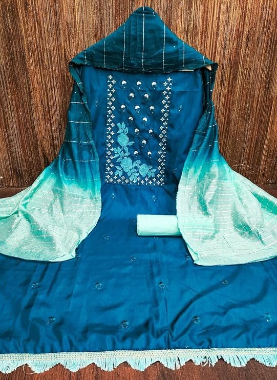 Women’s Cotton Blend Embroidered Unstitched Salwar Suit Material with Jari Sequence Shaded Dupatta | - Image 5