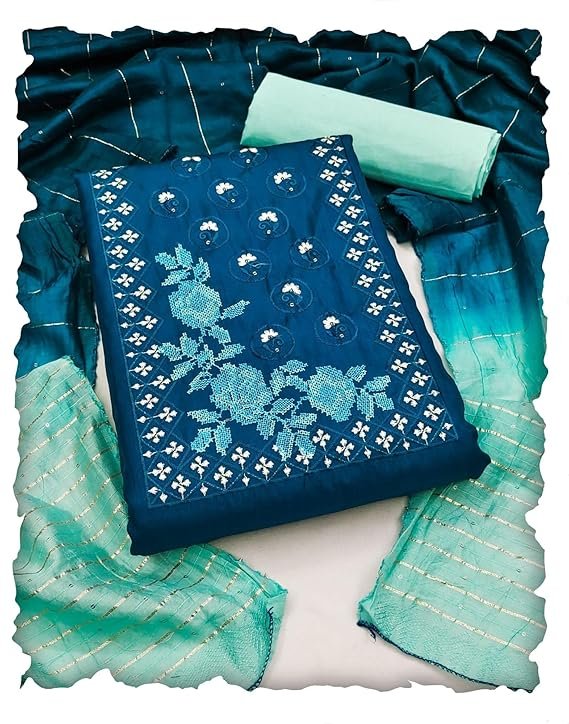 Women’s Cotton Blend Embroidered Unstitched Salwar Suit Material with Jari Sequence Shaded Dupatta |